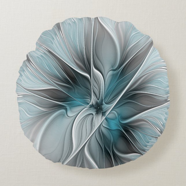 Blommig Fraktal Modern Abstrakt Blomma Blå Grå Rund Kudde (Framsidan)