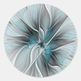 Blommig Fraktal Modern Abstrakt Blomma Blå Grå Runt Klistermärke