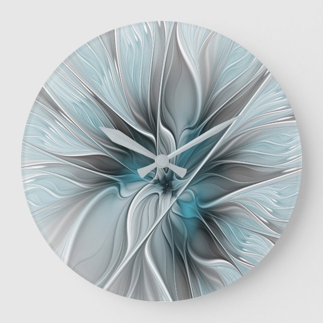 Blommig Fraktal Modern Abstrakt Blomma Blå Grå Stor Klocka (Framsida)