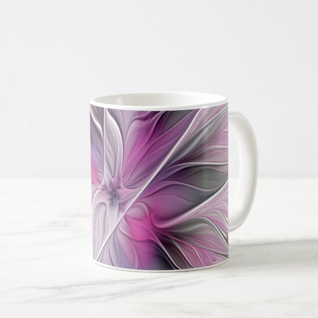 Blommig Fraktal Modern Abstrakt Blomma Rosa Grå Kaffemugg (Framsida höger)