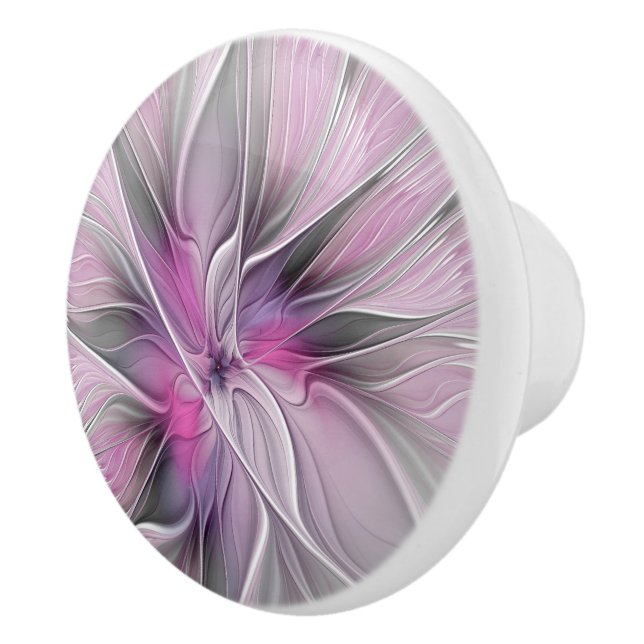 Blommig Fraktal Modern Abstrakt Blomma Rosa Grå Knopp (Höger)