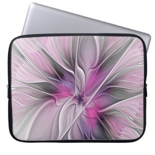 Blommig Fraktal Modern Abstrakt Blomma Rosa Grå Laptop Fodral