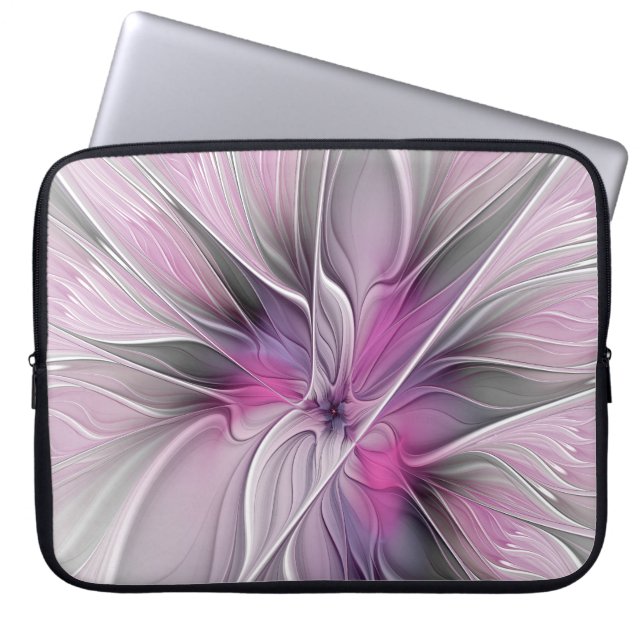 Blommig Fraktal Modern Abstrakt Blomma Rosa Grå Laptop Fodral (Framsidan)