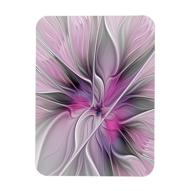 Blommig Fraktal Modern Abstrakt Blomma Rosa Grå Magnet (Vertikal)