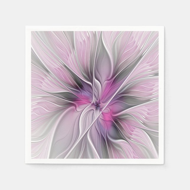 Blommig Fraktal Modern Abstrakt Blomma Rosa Grå Pappersservett (Framsidan)