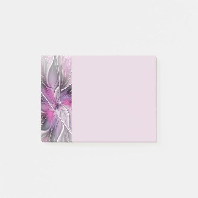Blommig Fraktal Modern Abstrakt Blomma Rosa Grå Post-it Block (Framsida)