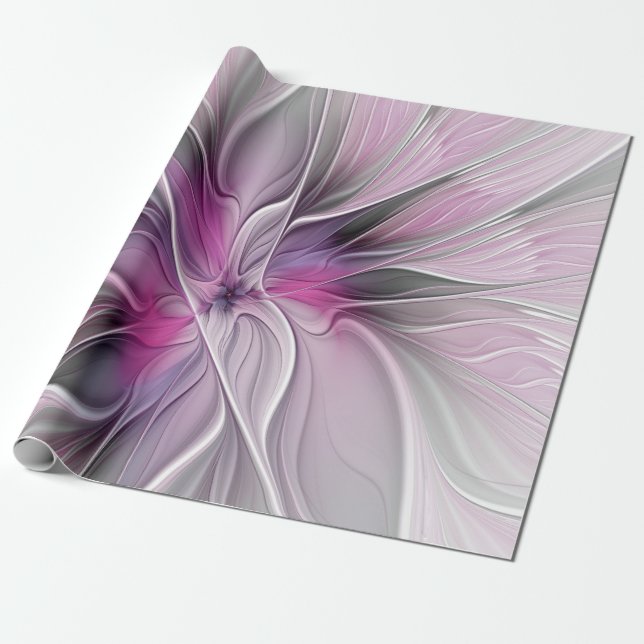 Blommig Fraktal Modern Abstrakt Blomma Rosa Grå Presentpapper (Utrullad)