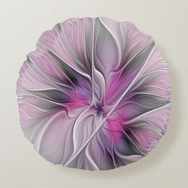Blommig Fraktal Modern Abstrakt Blomma Rosa Grå Rund Kudde (Framsidan)