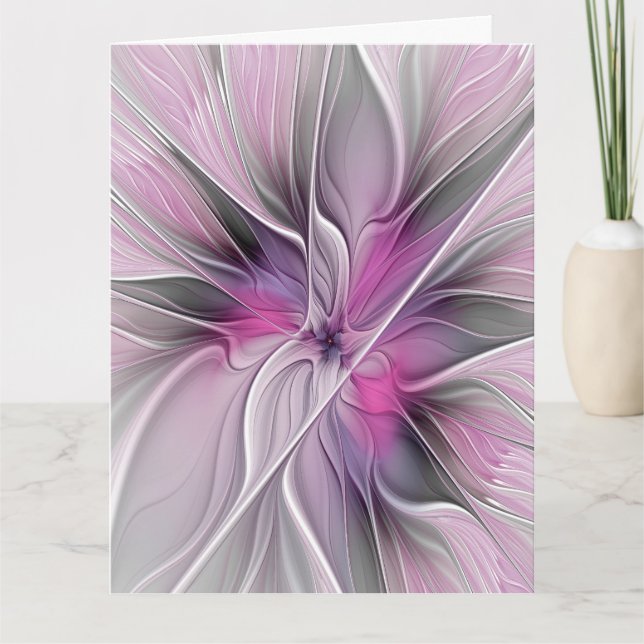 Blommig Fraktal Modern Abstrakt Blomma Rosa Grå Tack Kort (Framsida)