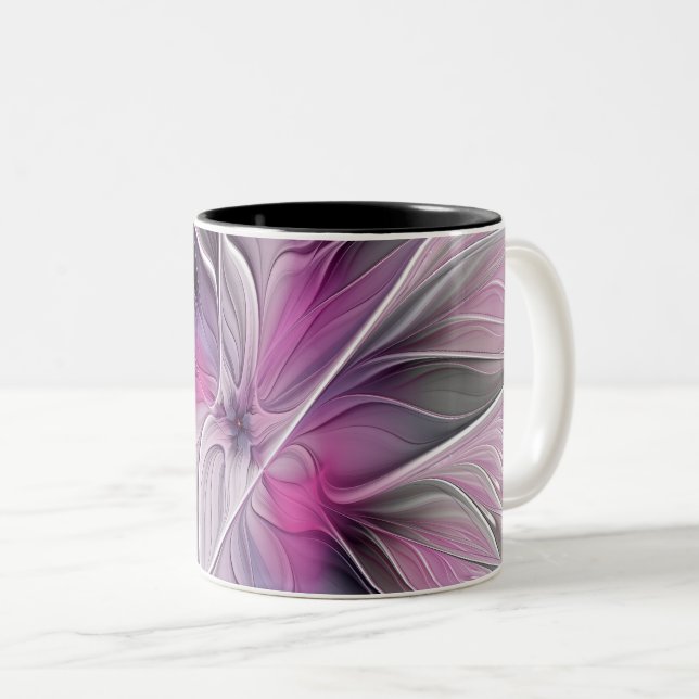 Blommig Fraktal Modern Abstrakt Blomma Rosa Grå Två-Tonad Mugg (Framsida höger)