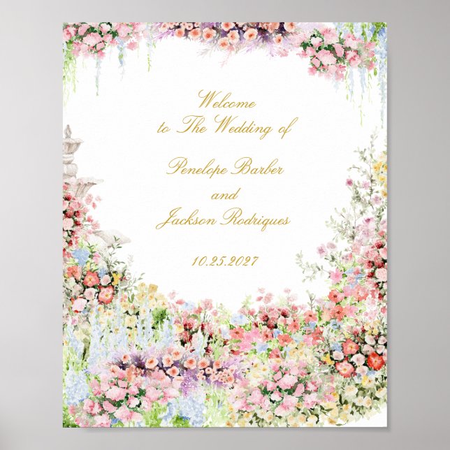 blommig fransk trädgård chateau bröllop välkommen poster (Framsidan)