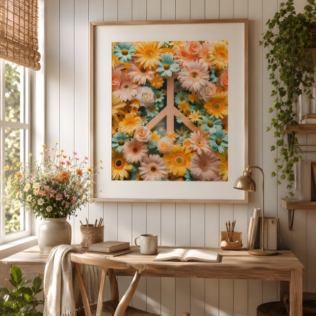 Blommig fredssymbol Konstaffisch – Retro 60-talsbl Poster (Brighten your home with this cheerful floral peace poster in warm vintage inspired colors.)