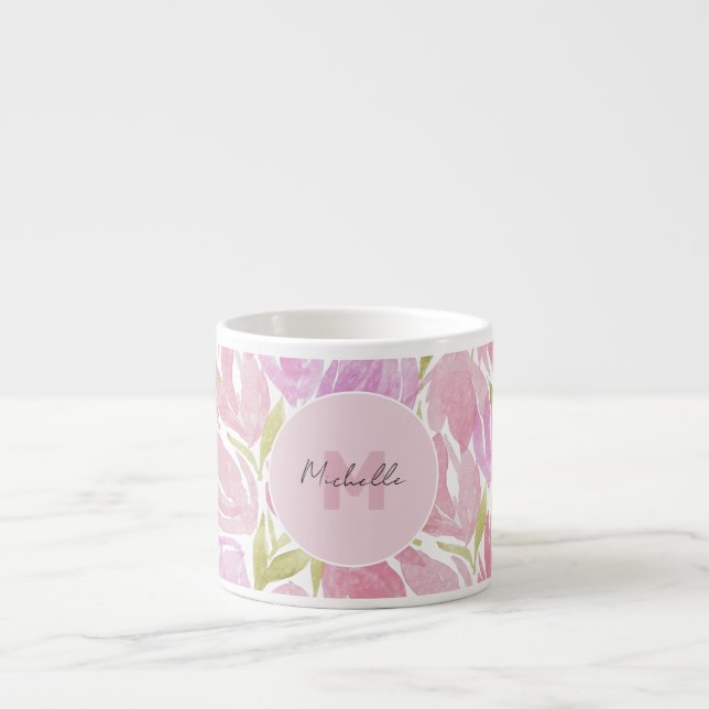 Blommig Fuchsia Rosa Akvarellmonogram Espressomugg (Framsidan)