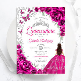 Blommig Fuchsia Rosa Silver Quinceanera Inbjudningar