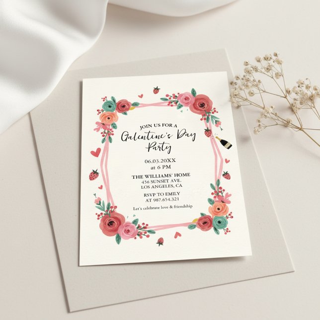 Blommig Galentines-dagsfest Rosa Inbjudan (Floral Party Invite)