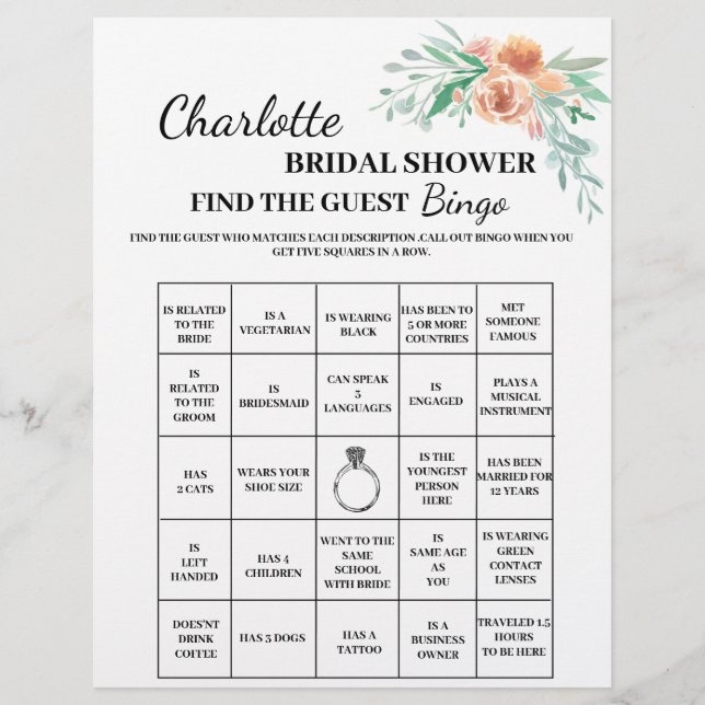 Blommig Gästefinnande Bröllopsdusch Bingo Reklamblad (Framsidan)