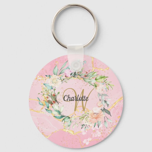 Blommig geod agat guld scriptmonogram  nyckelring (Framsida)