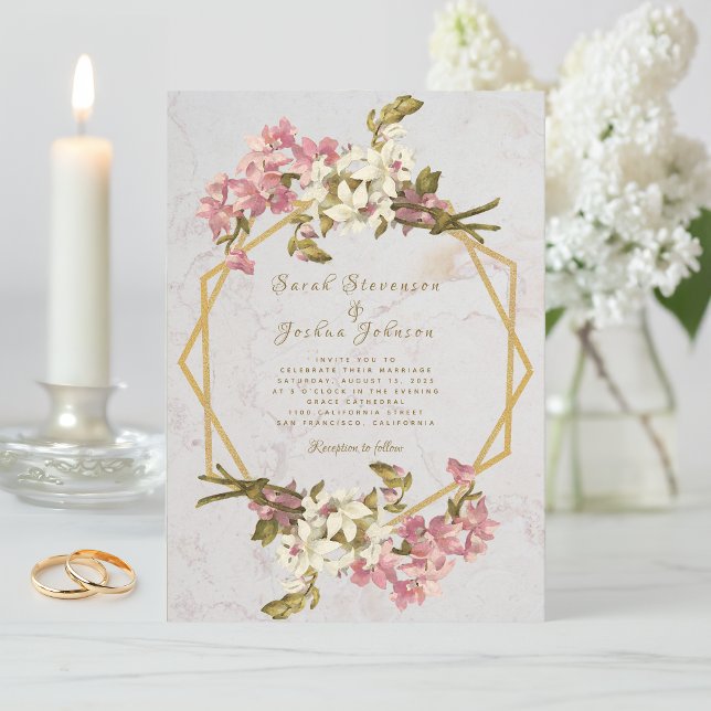 Blommig Geometrisk Marmor Guld och Blommor Bröllop Inbjudningar (Skapare uppladdad)