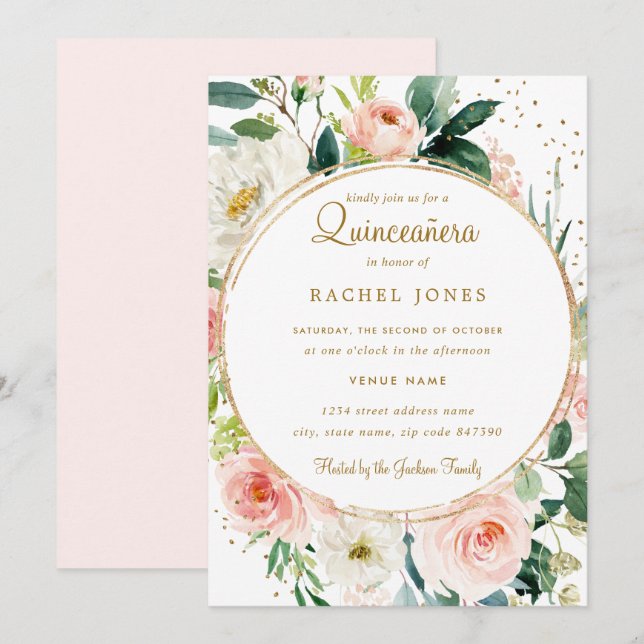 Blommig Geometrisk Rosa Guld Quinceanera Inbjudan (Fram/baksida)