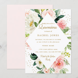 Blommig geometrisk rosa rodnad guld Quinceanera Inbjudningar