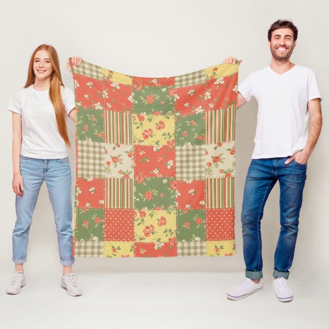 Blommig Gingham Lappverk Vintage Bondgårdsstil Fleecefilt (På plats)