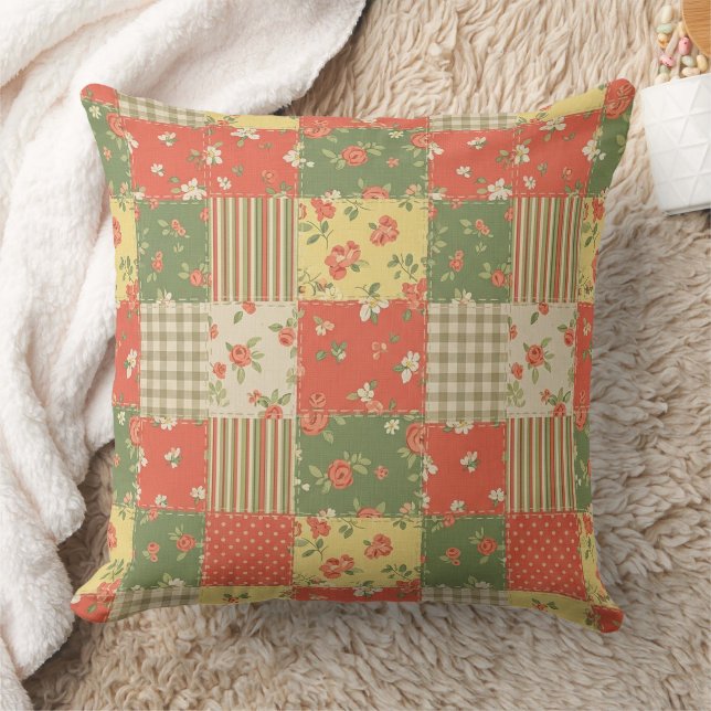 Blommig Gingham Lappverk Vintage Bondgårdsstil Kudde (Filt)