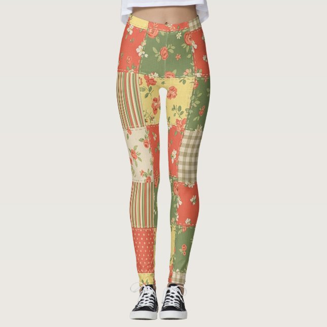 Blommig Gingham Lappverk Vintage Bondgårdsstil Leggings (Framsida)