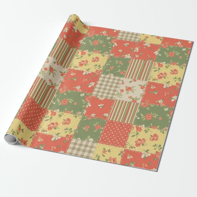 Blommig Gingham Lappverk Vintage Bondgårdsstil Presentpapper (Utrullad)