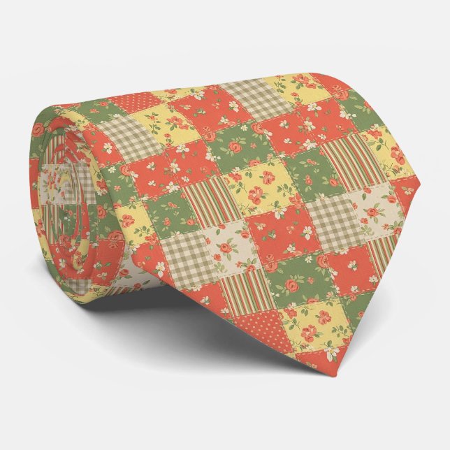 Blommig Gingham Lappverk Vintage Bondgårdsstil Slips (Rullad)