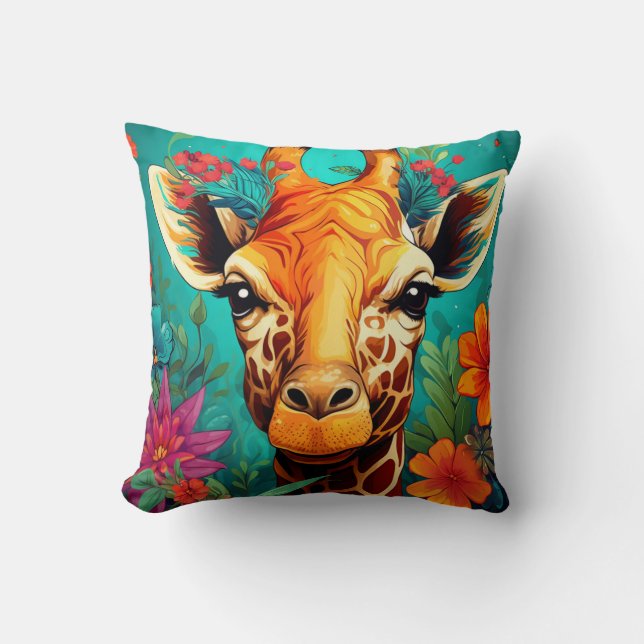 Blommig Giraff Porträtt-9319 Kudde (Framsida)