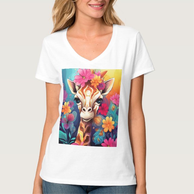 Blommig Giraff Porträtt-9320 T Shirt (Framsida)