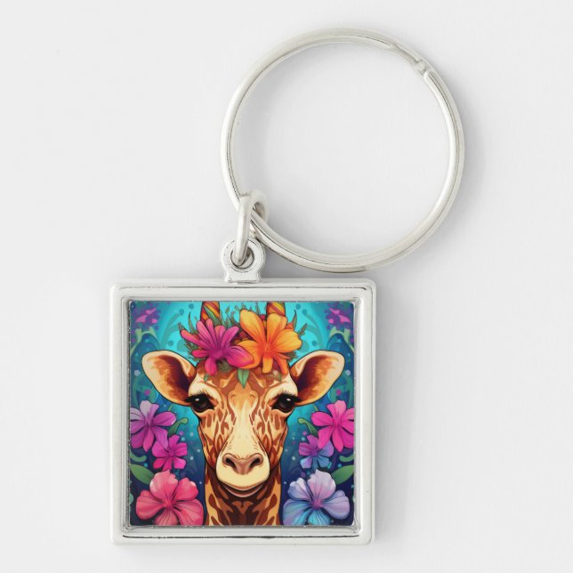 Blommig Giraff Porträtt-9321 Fyrkantig Silverfärgad Nyckelring (Framsidan)