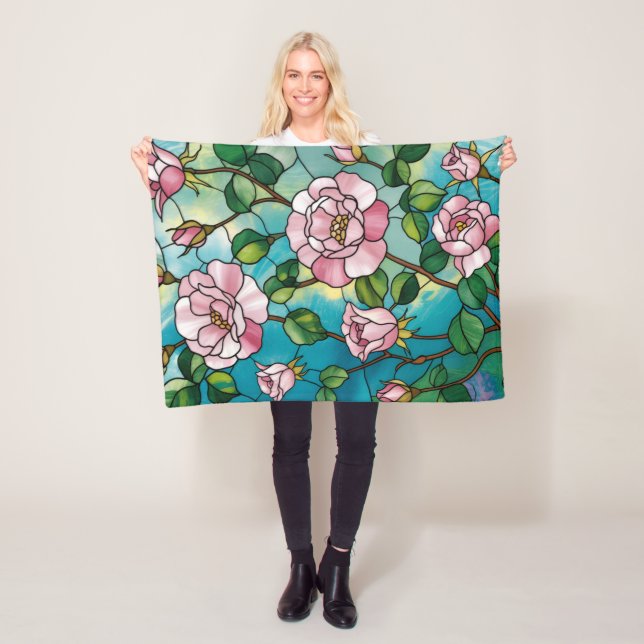 Blommig glaseffekt rosa blommor botanisk fleecefilt (På plats)