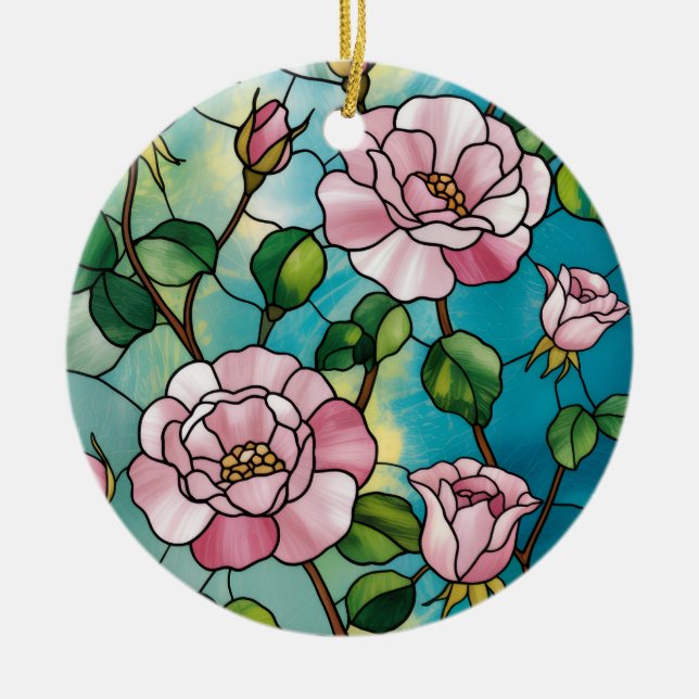 Blommig glaseffekt rosa blommor botanisk julgransprydnad keramik (Framsidan)