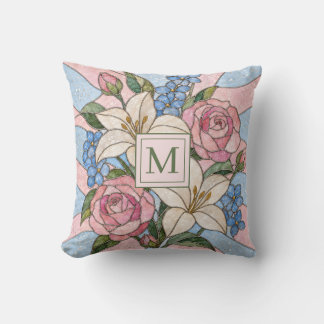 Blommig glasmålningspersonaliserad monogram kudde