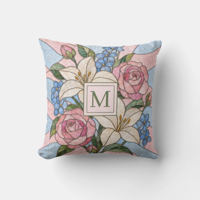 Blommig glasmålningspersonaliserad monogram kudde (Framsida)