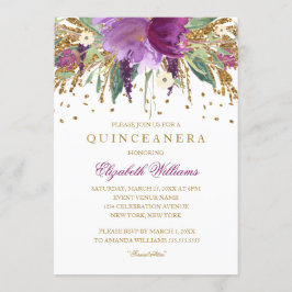 Blommig glitter ametist Quinceanera-inbjudan Inbjudningar