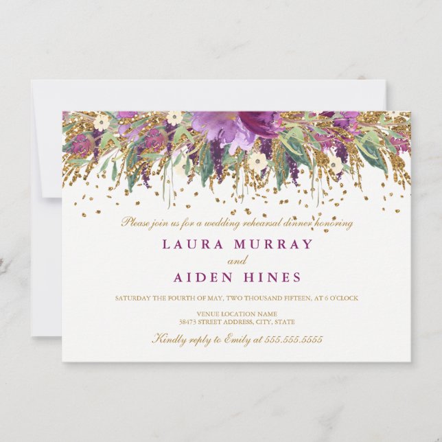 Blommig glitter ametist repetitionstal Invitation Inbjudningar (Framsida)