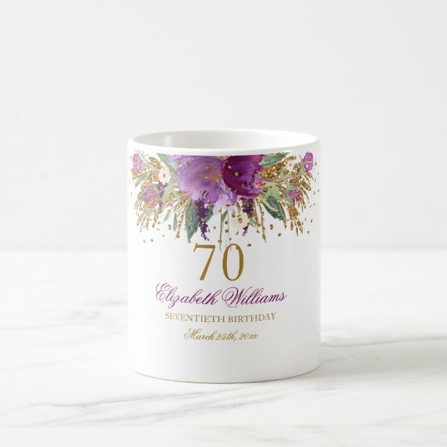Blommig glitter gnistrande ametist 70-årsdag kaffemugg (Center)