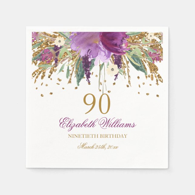 Blommig glitter gnistrande ametist 90-årsdag pappersservett (Framsidan)