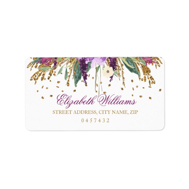 Blommig glitter gnistrande ametist adressetiketter (Framsidan)