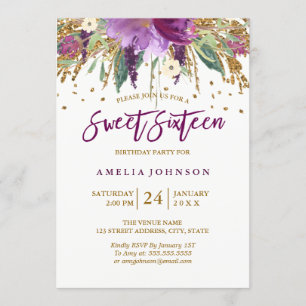 Blommig glitter gnistrande ametist Sweet Sixteen Inbjudningar