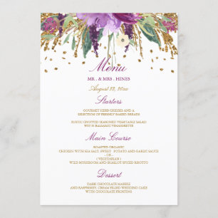 Blommig Gnistrande Amethyst Bröllops Middagsmeny Meny