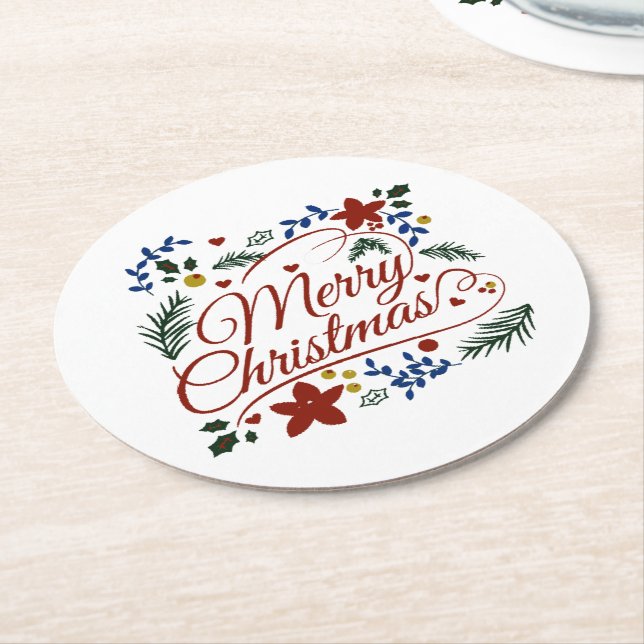 Blommig God Jul   Underlägg Papper Rund (Vinklad)