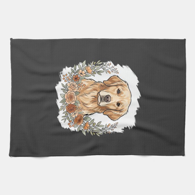 Blommig Golden Retriever Sublimering Kökshandduk (Horisontell)