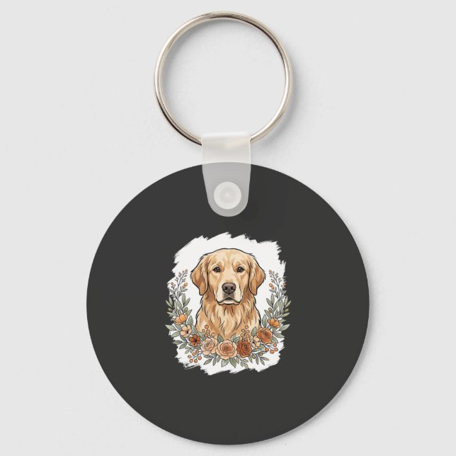 Blommig Golden Retriever Sublimering Nyckelring (Framsida)