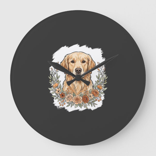 Blommig Golden Retriever Sublimering Stor Klocka (Framsida)