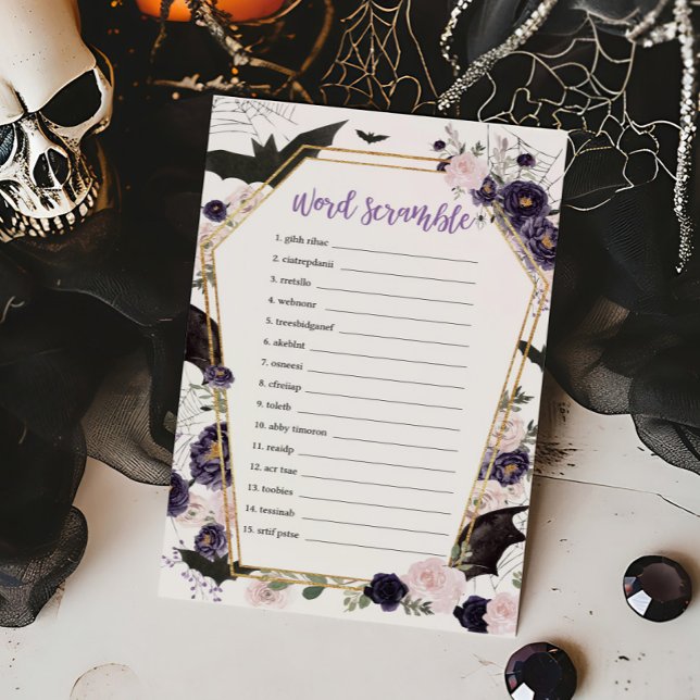 Blommig gotisk kista Bokstavsblandningsspel (Floral Gothic Coffin Baby Shower Word Scramble Game)