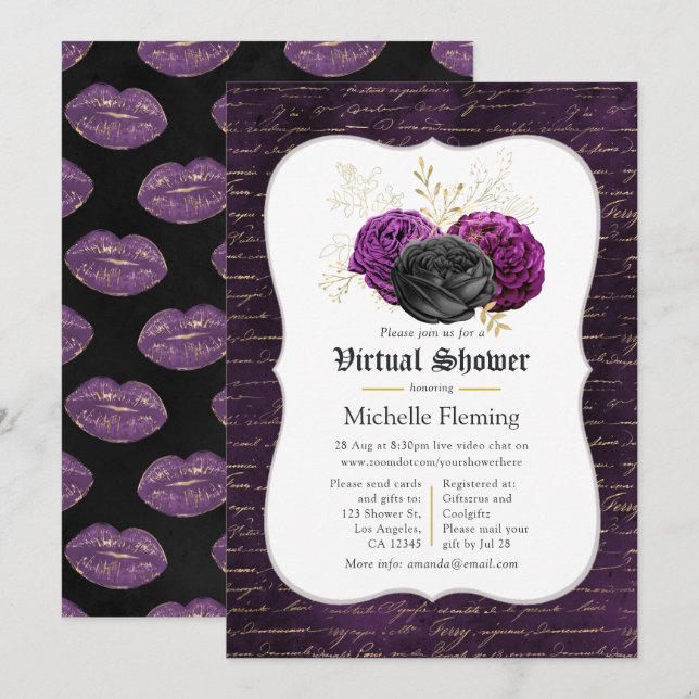 Blommig gotisk virtuell bröllopsfest med blommotiv inbjudningar (Fram/baksida)