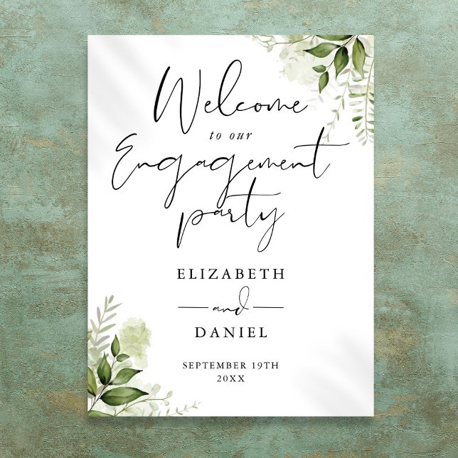 Blommig grön fästningsfest välkomstskylt poster (Floral Greenery Engagement Party Welcome Sign)